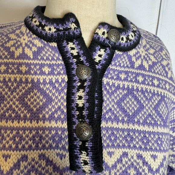 L.L.Bean Fair Isle Nordic Cotton Henley Sweater Purple 90s Vintage Women's Small - Picture 4 of 8
